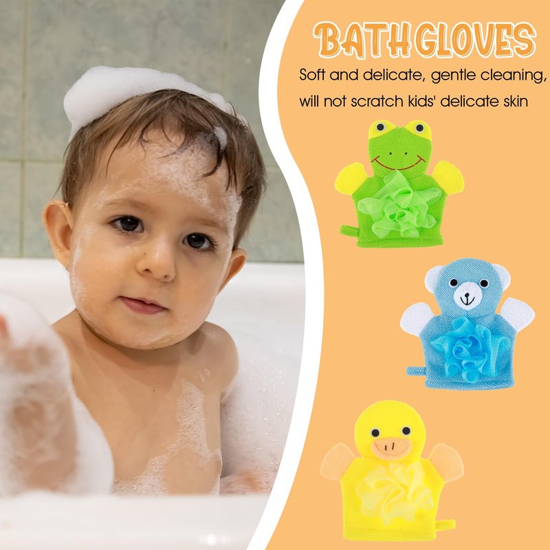 Qianyu 3pcs Bath Mitt Washcloth Glove Body Scrubber Cute Cartoon Design Exfoliating Glove Gentle Soft Scrub Loofah Bath Sponge for Kid Shower Washing Easy Lather (Blue/Green/Pink)