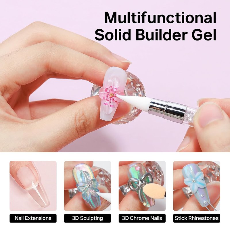 MIZHSE 2PCS 60g Builder Gel Set - Clear & White 3D Sculpting Gel with Gold & Silver Chrome Powder for DIY Nail Art