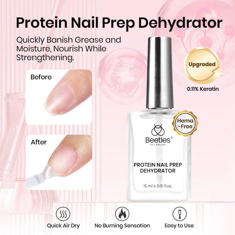 Beetles 15ml Protein Nail Prep Dehydrator and Primer nail Set - 2PCS Hema-Free & Acid Free Nail Bond Protein Prep Kit for Gel Nail Polish Acrylic Nail Supplies