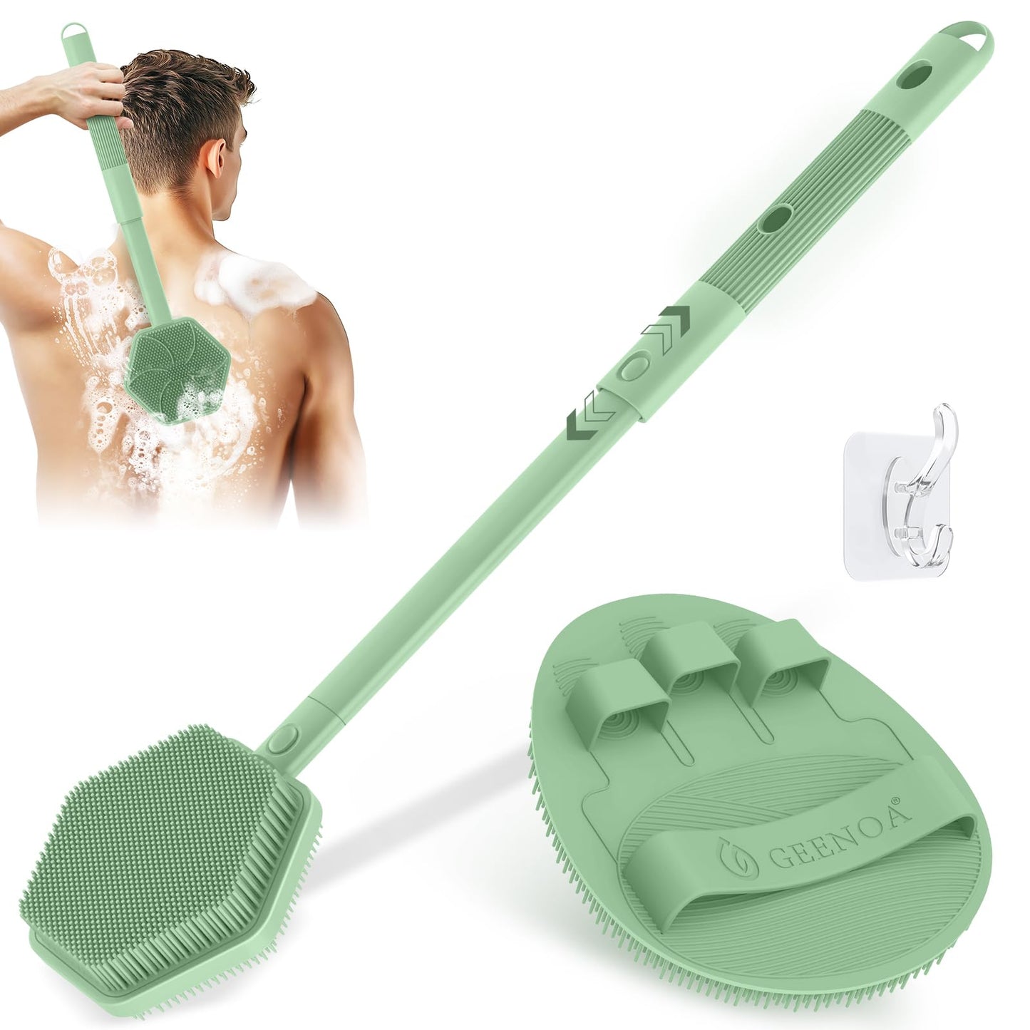 GEENOA Silicone Back Scrubber & Soft Bath Glove 2PCS, 16''- 21''Extendable Back Scrubber with Dual-Side Large Head, 360° Anti-Slip Hand-fit Silicone Body Scrubber for Rich Foaming Deep Cleaning(Green)