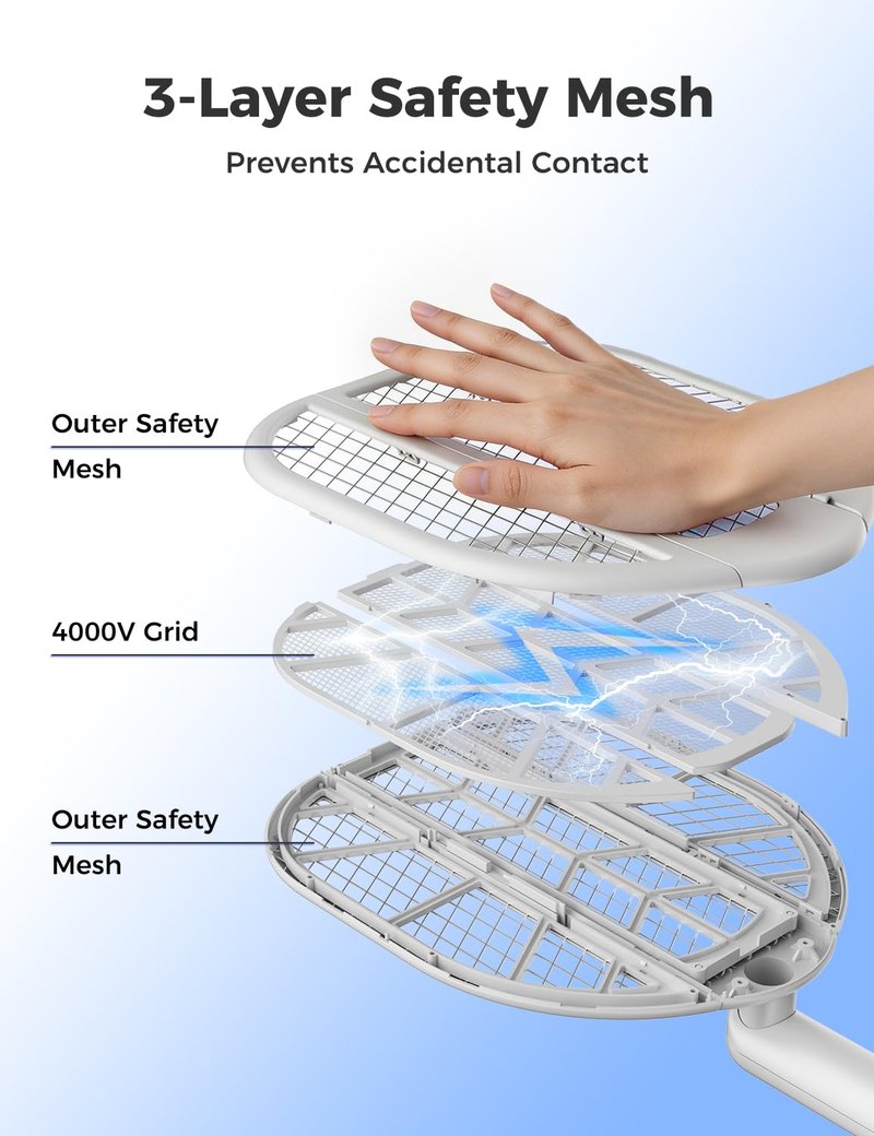 Sheevar 4000V Foldable Electric Fly Swatter 1500mAh Rechargeable Bug Zapper Racket Mosquito Trap & Zapper with Dual Modes & Blue Light for Office Backyard Patio Camping Indoor Home