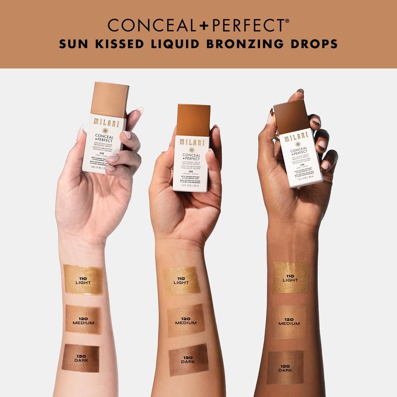 Milani Bronzer- Sun Kiss Bronzing Drops, Conceal + Perfect Liquid Bronzer for Sheer, Weightless Coverage & Hydration enriched with Peptides & Tripeptides - Medium