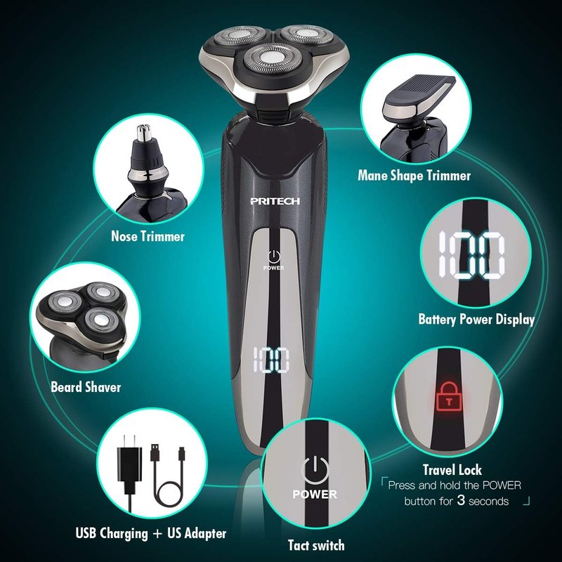Electric Razor for Men - Waterproof Rechargeable Shaver | Cordless Wet/Dry with Nose & Sideburn Trimmer
