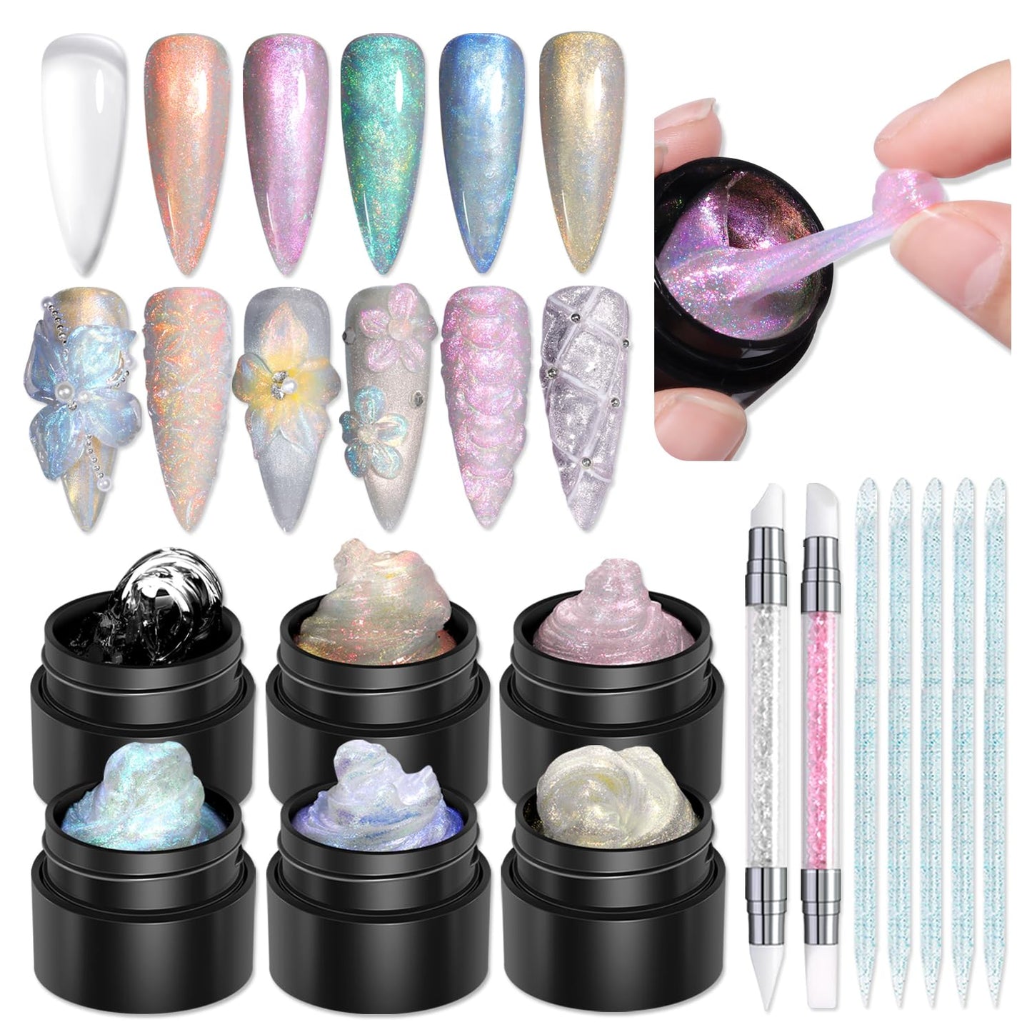 SUTOKAKA Solid Builder Gel for Nails, 6 Colors Clear and Aurora Mermaid 3D Sculpting Gel Non-Sticky Molding Hard Gels Extension Glue with Silicone Carving Pen Manicure DIY Salon Home