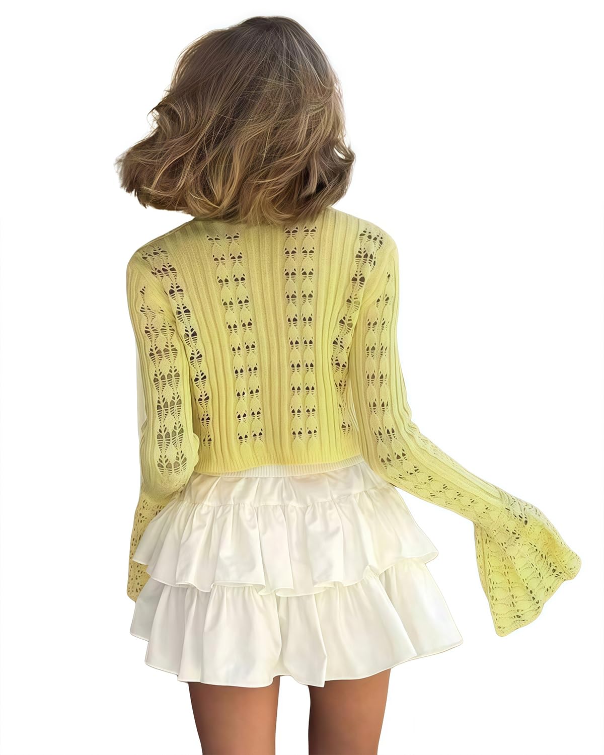 Women's Knit Long Sleeve Cardigan Sexy Hollow Out V Neck Bodycon Crop Tops See Through Casual Short Sweater Outwear Yellow
