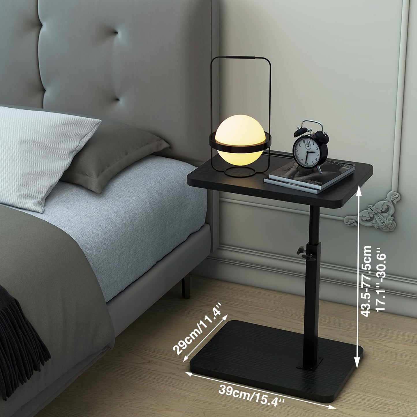 IBUYKE C Shaped Side Table, 360° Swivel Height Adjustable End Table for Small Spaces, with Phone & Tablet Slot, Modern Small Coffee Snack Table for Sofa/Bed, Black UTVT003B