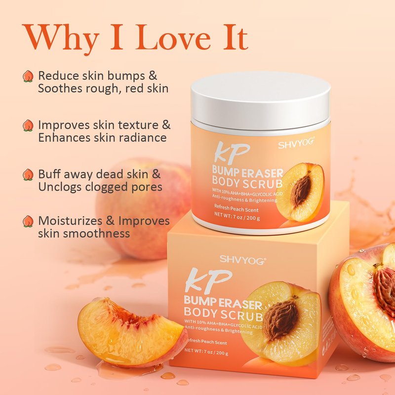 SHVYOG KP Bump Eraser Body Scrub with 10% AHA+BHA & Glycolic Acid, Exfoliating Body Scrub for Chicken & Strawberry Skin, Helps Reduce Skin Bumps, Soothe Rough Redness, Ingrown Hair, Peach Scent 7 Oz