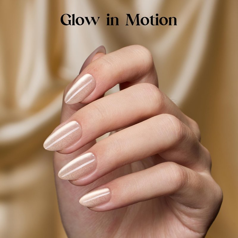 Beetles Cat Eye Press On Nails - Glossy Short Almond Press On Nails Motion Glow Kit, 32pcs 16 Sizes, Girls Stick On Nails with Adhesive Tabs & Fast-Dry Nail Glue, Salon-Ready Gift for Women Honey Glow