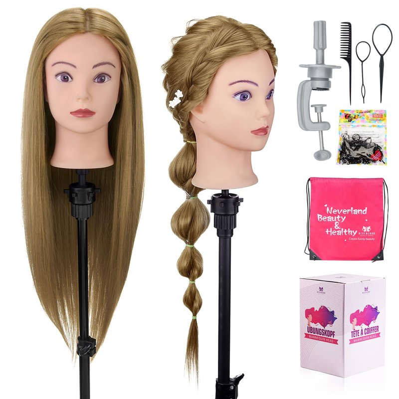 24" Mannequin Head -80% Real Hair Doll head for hair Styling, Cosmetology Mannequin Head with Hair for Braiding Curling,Cuting with Table Clamp Styling Set