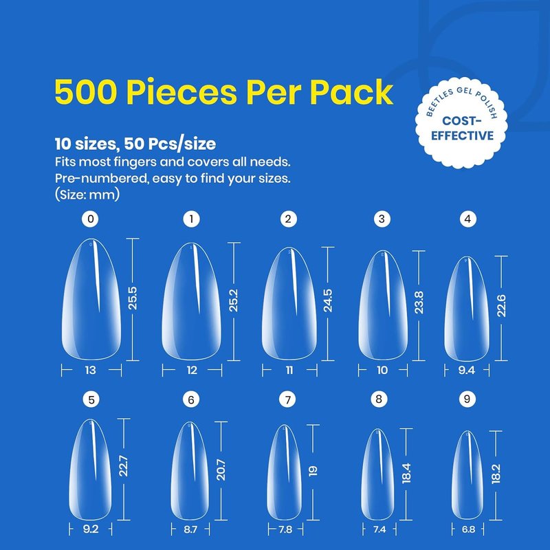 Beetles Gel Nail Tips - Almond Medium Shape | 500Pcs Clear Full Cover Soft Nail Extensions