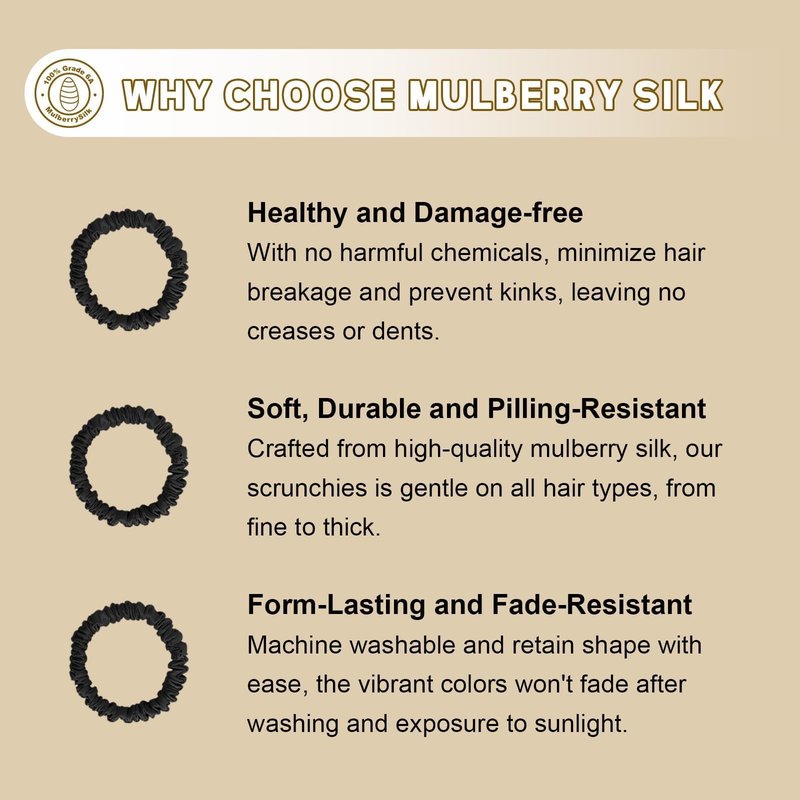 Mulberry Silk Scrunchies 4 Pack - Non Slip, Black Small Thin Silk Scrunchies for Women, Sleepy Ties for Thick Hair