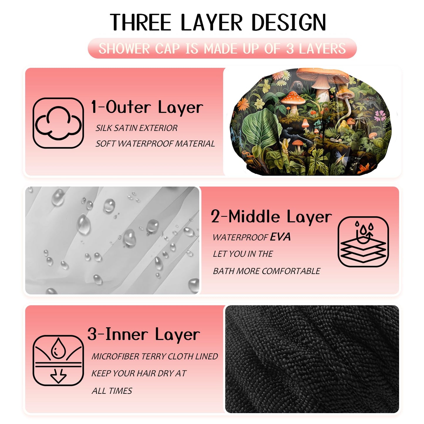 Zewurtuw Luxury Shower Cap Terry Cloth Lined EVA Waterproof Reusable Triple Layer Elastic Hair Bath Caps for Women Girls Cute (C5-Mushroom)
