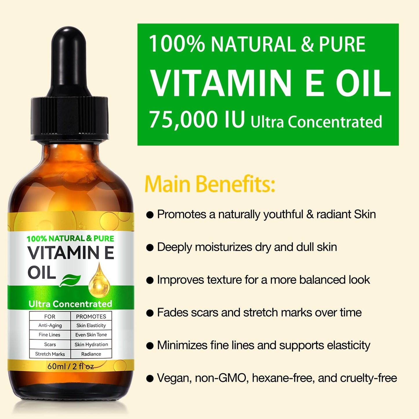 flasture Vitamin E Oil 75,000 IU – 100% Pure Natural Vitamin E for Skin, Face, Hair, Scars – Deep Moisturizing Body Oil for Dry Skin, Wrinkles – Cold-Pressed, Non-GMO,Skincare – 2 Fl Oz