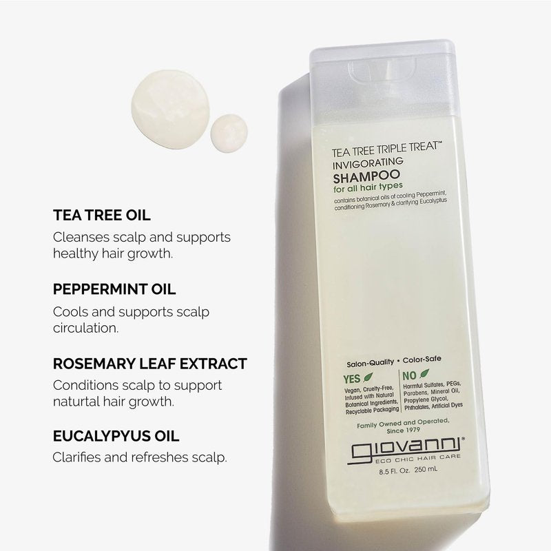 GIOVANNI Tea Tree Triple Treat Invigorating Shampoo - Cooling Peppermint, Eucalyptus & Rosemary, Helps Strengthen & Rejuvenate Hair & Scalp, Salon Quality, Paraben Free - 8.5 oz (1 Pack)
