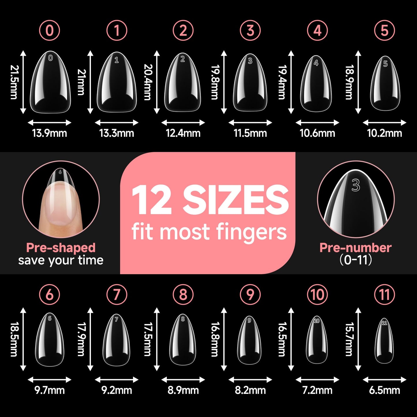 UNA GELLA Short Almond Nail Tips, 504PCS Long Lasting Short Almond Soft Gel Full Cover Nails Tips False Nails Clear Acrylic Gelly Tips for Acrylic Nail Extensions Press On Nails, 12 Sizes
