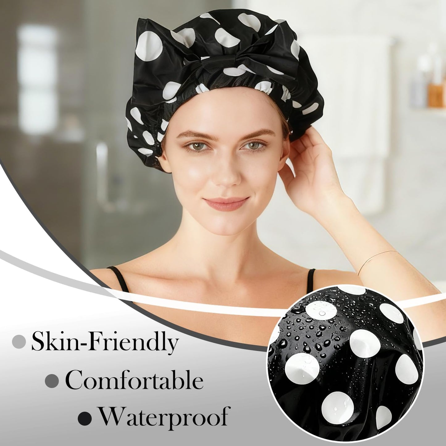 Fistmta Luxury Shower Caps for Women Reusable Waterproof, Large Double Layer Quick-dry Bathing Hair Cap with Adjustable Elastic Strap, Non-slip Shower Cap for Long Short Hair Black Polka Dots