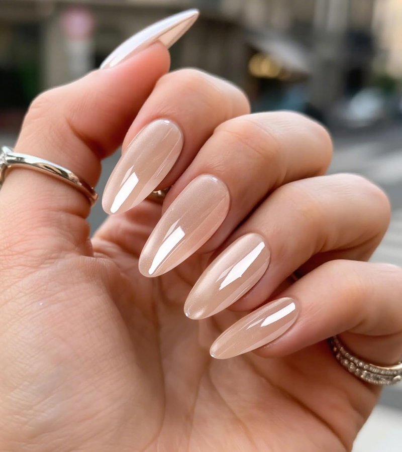 Press On Nails - Medium Length Aurora Cat Eye Shine Almond Tips | Pink Glossy Reusable Fake Nails Kit - 30 Pcs, 15 Sizes