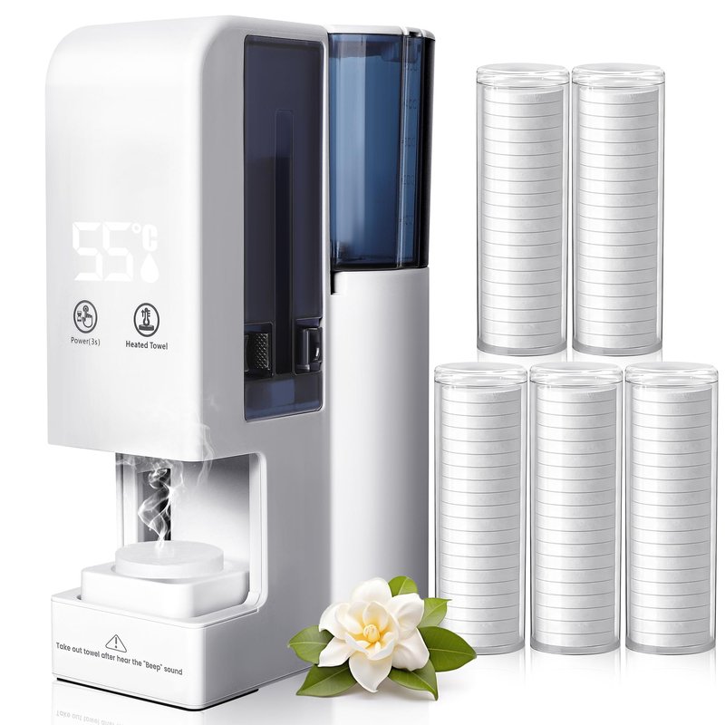 Hot Face Towel Heater Machine, Automatic Disposable Towel Warmer with Steam, 5-Second Heating, 55°C Constant Temperature, Portable Face Towel Steamer (1PC Towel Machine+100PCS Towels)