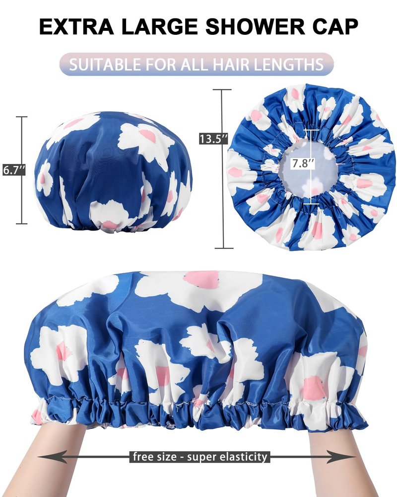 YIZIJIZI Shower Cap - Two Layer Waterproof Large Shower Cap for Women, Reusable Shower Caps for Long Thick Hair, Adjustable for Double Layer Adjustable Soft Bath Shower Caps (Blue)