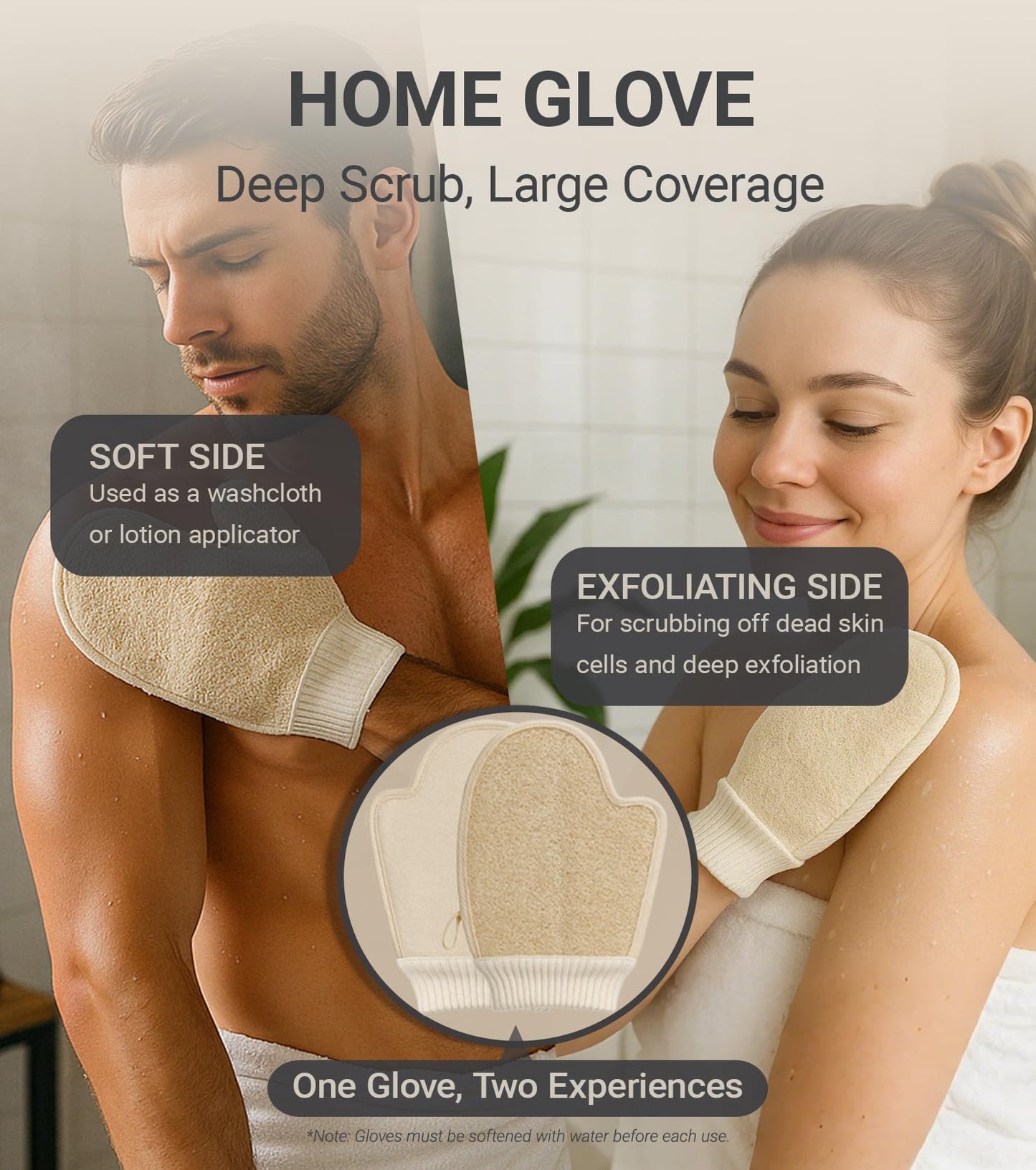 surlees Natural Loofah Bath Exfoliating Glove & Luffa Sponge Set (Mitt & Pad), Premium Body Scrubber with Elastic Band for Women & Men in Shower/Spa