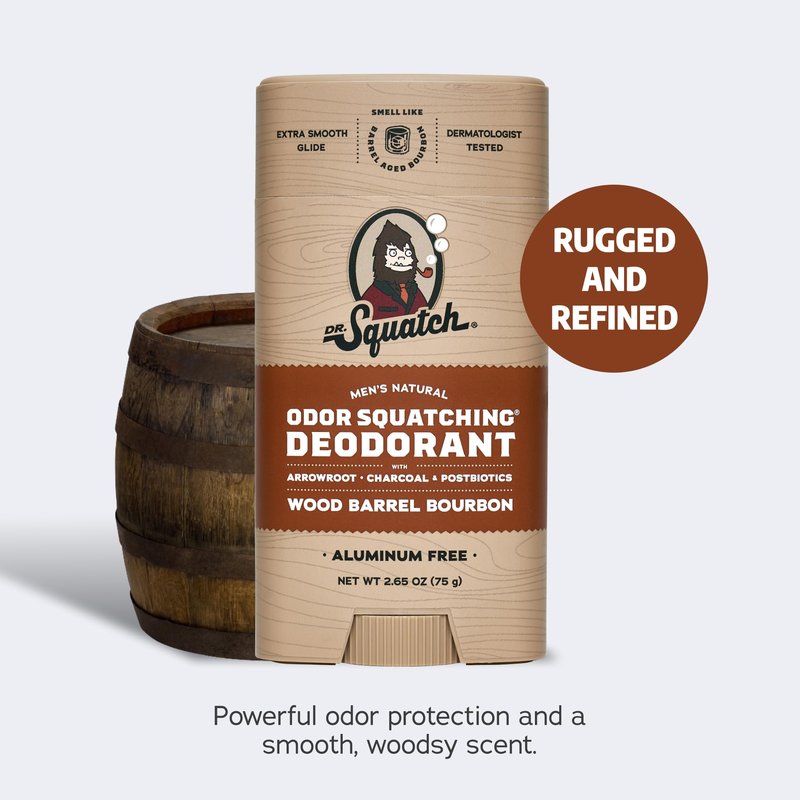 Dr. Squatch Natural Men’s Deodorant – Aluminum Free Natural Deodorant Men with Charcoal & Postbiotics for 72-Hour Odor Protection – Wood Barrel Bourbon, 2.65oz Stick