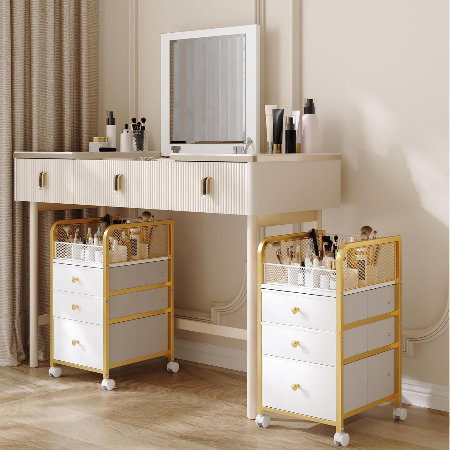ZQUYAJ Rolling Makeup Organizer Cart with 3 Drawers, Under Desk Vanity Makeup Storage Cart, Bathroom Storage Cart Cosmetic Display Cases Cabinet for Nail Polish, Brushes & Hair Tools, Gold