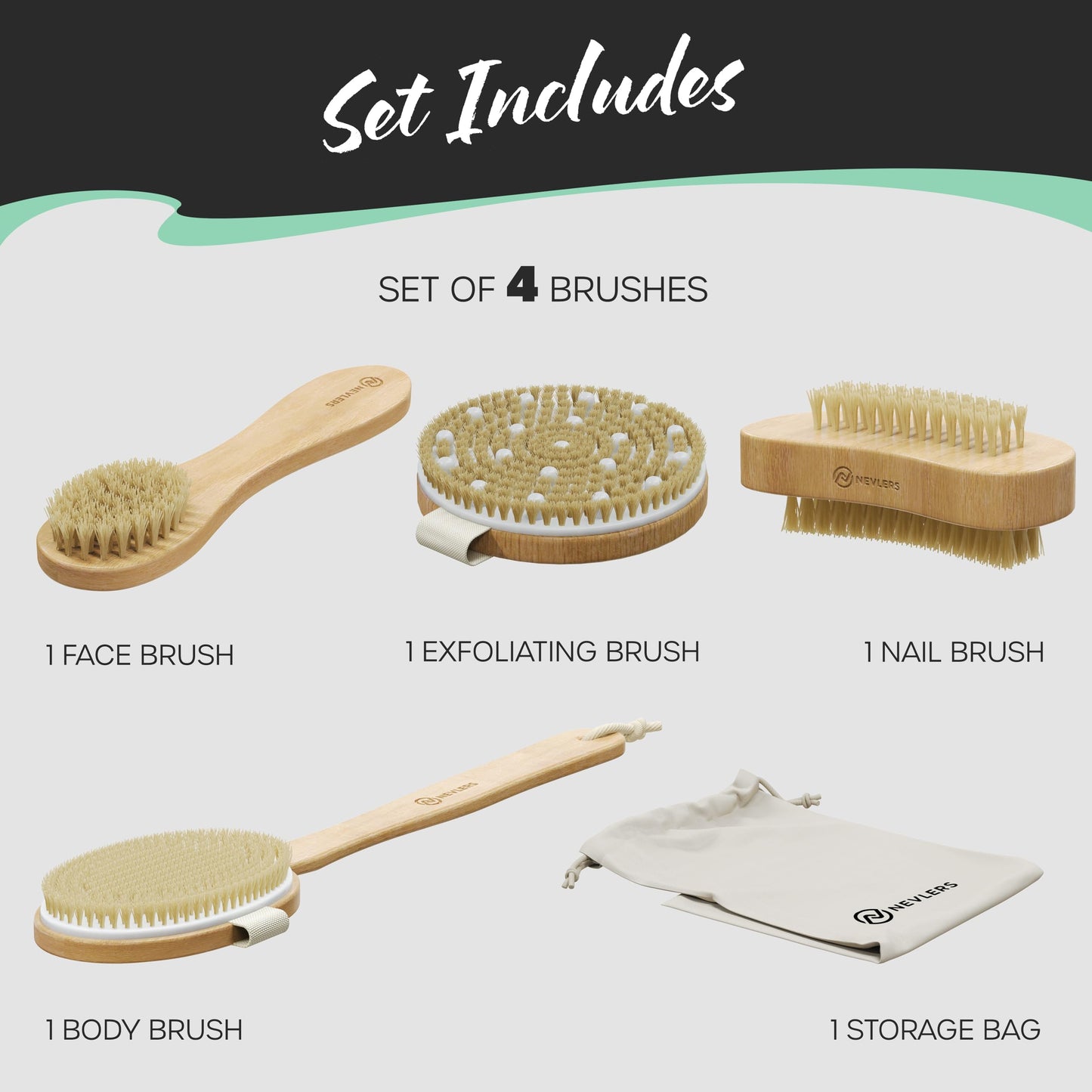 Nevlers Natural Boar Bristle Dry Brush for Body Massage 5-Piece Set