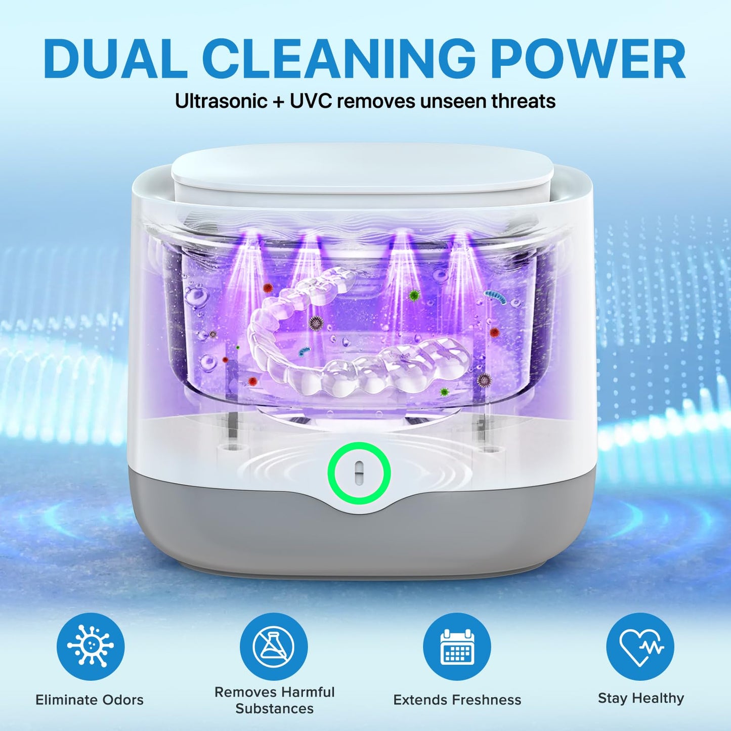 Ultrasonic Retainer Cleaner with UV-C, 45kHz Rechargeable Dental Cleaning Machine 4000mAh, 200ML for Denture, Mouth Guard, Night Guard, Aligner, 3 Modes & 6 Cleaning Tablets