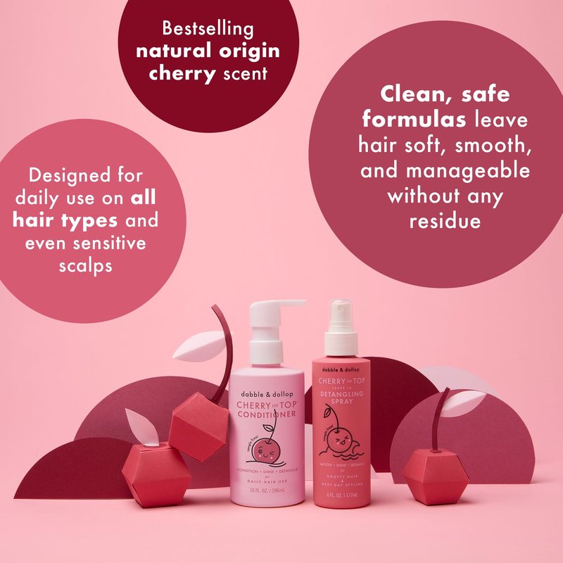 Dabble & Dollop Cherry on Top Detangling Duo – Kids Hair Conditioner & Leave-In Detangler Spray 2-Pack Bundle – Gentle, Non-Toxic, Natural-Origin Hair Care for All Hair Types