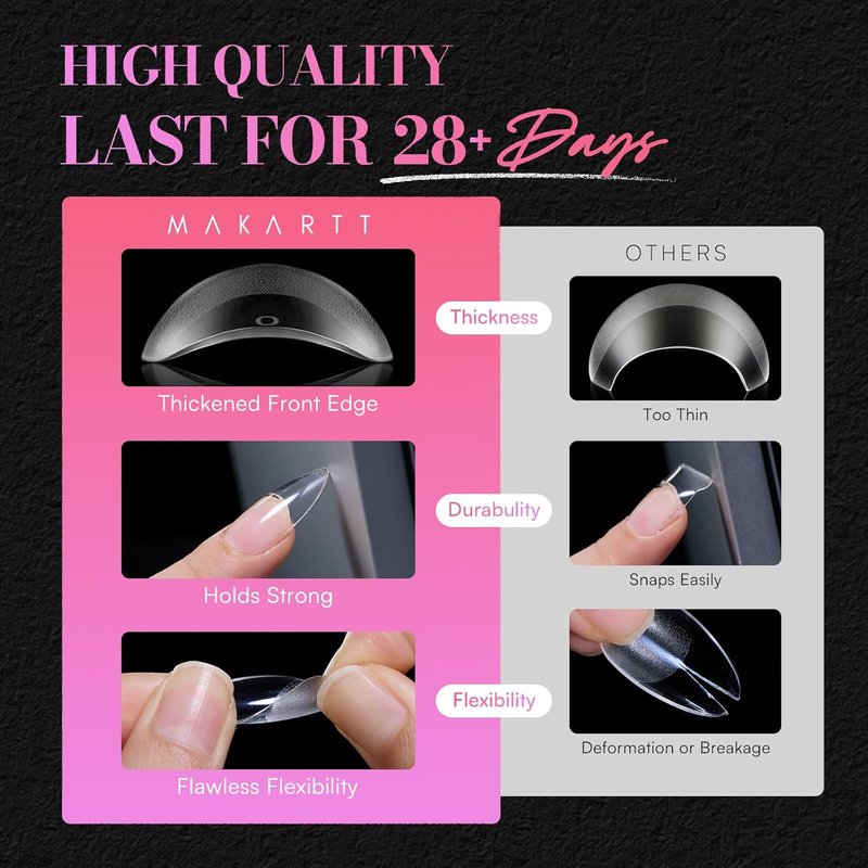 Makartt Almond Nail Tips - 504 PCS Pre-Etched Clear False Nails in 15 Sizes for Salon & DIY Use