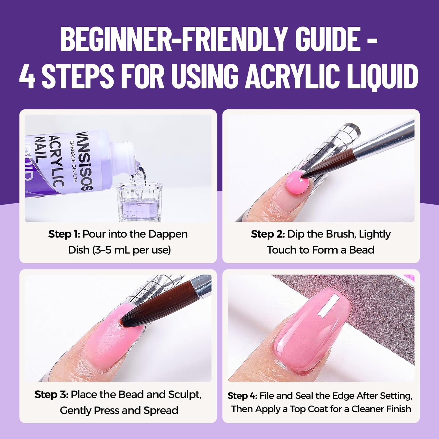 VANSISOS Monomer Acrylic Nail Liquid: 120ml EMA Low Odor Monomer Acrylic Liquid for Nails with Brush Ideal for Beginners Perfect for Salon and Home Use