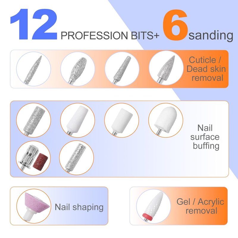 Electric Nail Drill Kit - 35,000 RPM Professional Nail File with 12 Bits | Cordless E-Filer for Home & Salon (Orange Blue)