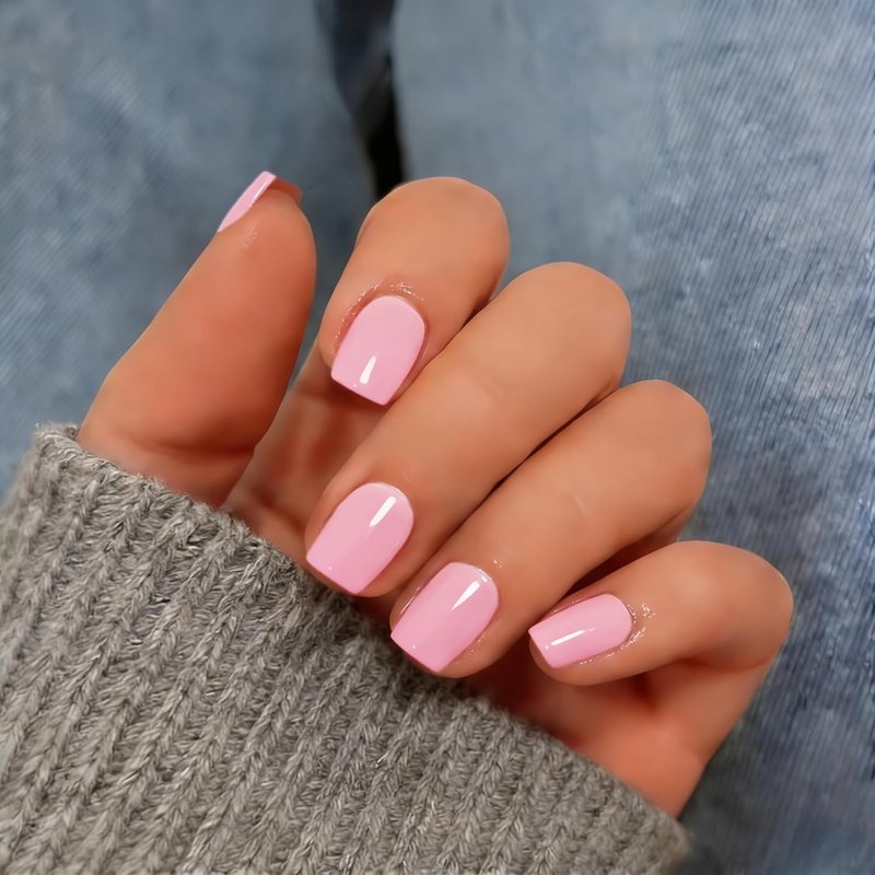 KQueenest Baby Pink Press On Nails Short Square, 30 Pcs Sturdy Reusable Fake Nails Kit with Nail Glue & Adhesive Tabs, Glossy Soft Gel Glue On Nails for Women, Beginners, At-Home Manicure