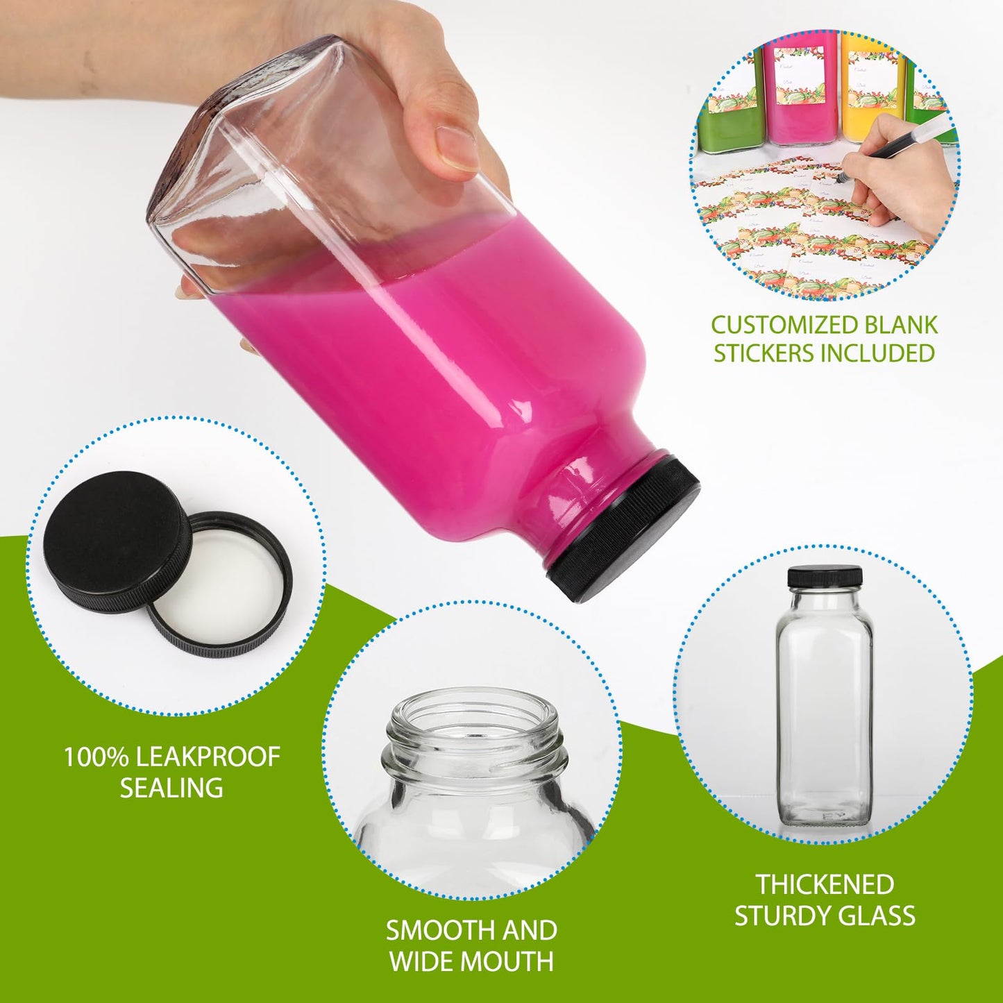 Alotpower 12 oz Glass Juice Bottles with Lids 12Pack, 360ml Square Reusable Drinking Bottles for Juicing, Water, Kombucha Juices, Milk, Beverages and More (12fl.oz, Set of 12)