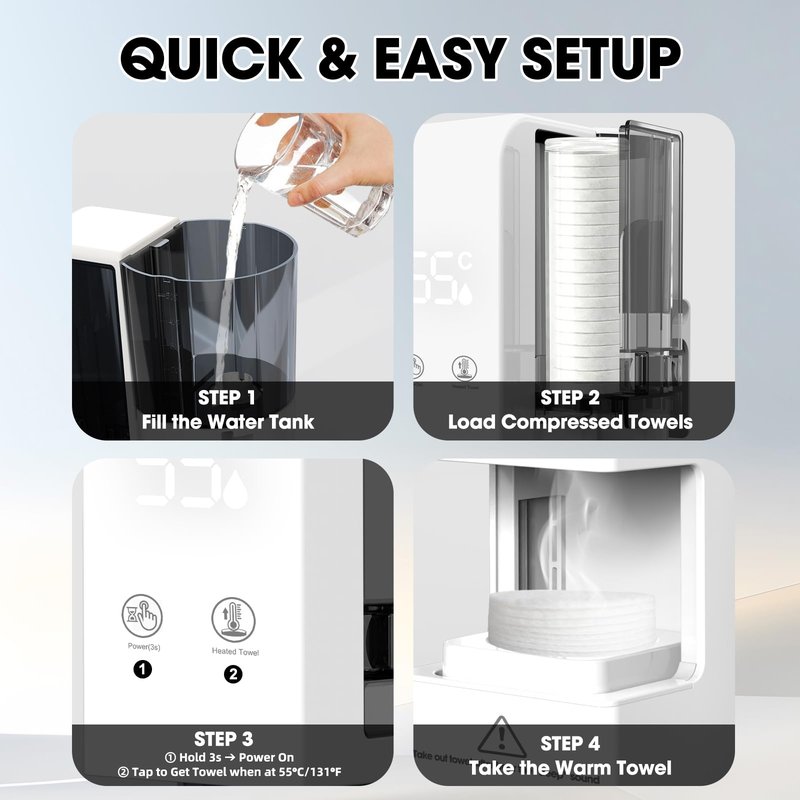 Hot Face Towel Dispenser, Hot Face Towel Heater Machine, 55°C Constant Temperature, Auto Heating & Dispensing, 80 Compressed Towels, Voice Alerts