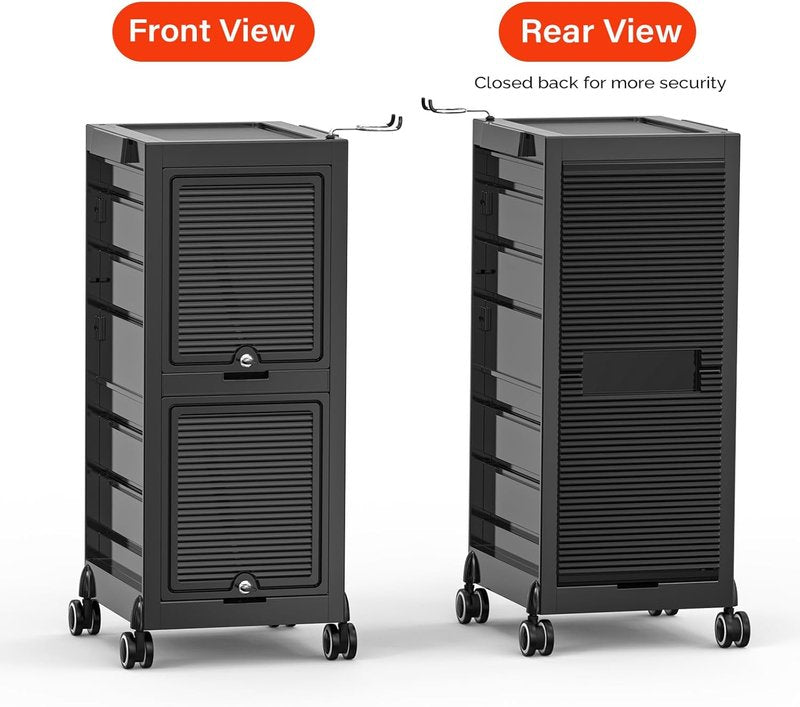 OmySalon Salon Trolley Cart, Hair Stylist Station with 2 Lockable Doors, Rolling Hair Cart Organizer with Drawers & Bucket & Dryer Holder, Barber Shop Hairdressing Beauty Tattoo Versatile Equipment