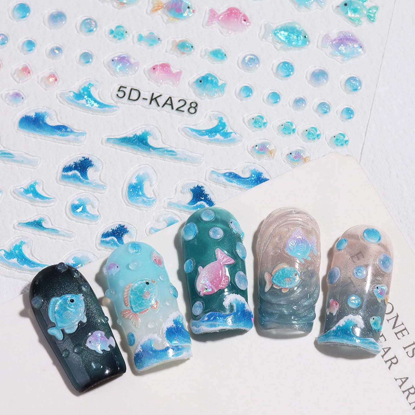 Summer Nail Stickers 5D Embossed Ocean Nail Decals Beach Nail Art Stickers 2PCS Blue Wave Fish Palm Tree Sailboat Design Adhesive Nail Art Supplies for Women Tropical Style Nail Decor