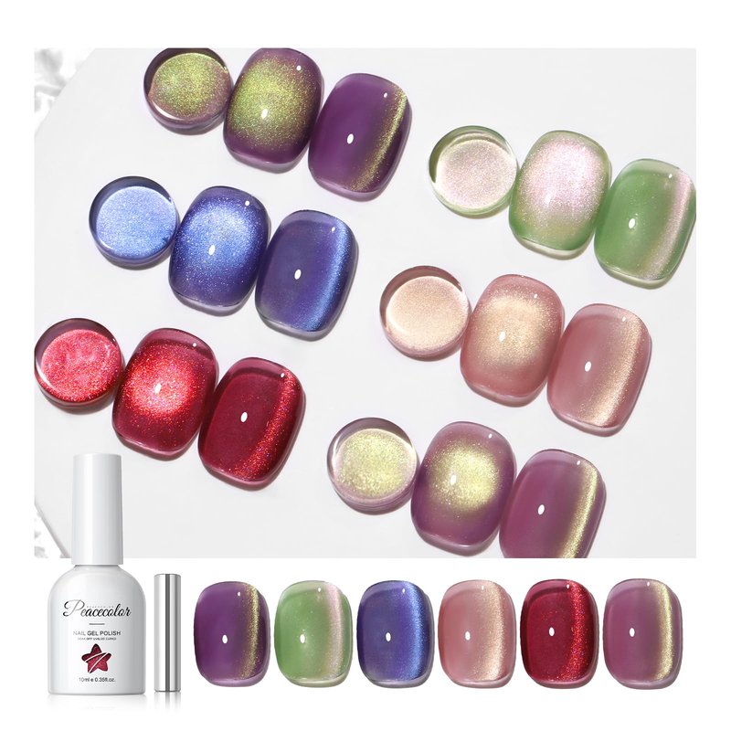 PEACECOLOR Cat Eye Gel Nail Polish Set, 6 Colors Glitter Red Green Purple Nude Sparkle Gel Polish Set Soak Off U V Lamp Magnetic Nail Polish Kit Gifts for Women DIY Home Salon