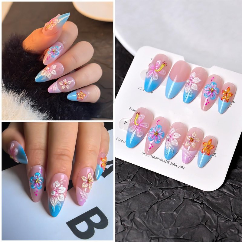 3D Flower Press-On Nails - Medium Almond French Tip with Rhinestones | Tropical Floral Pink Blue Gradient, Reusable Full Cover for Women
