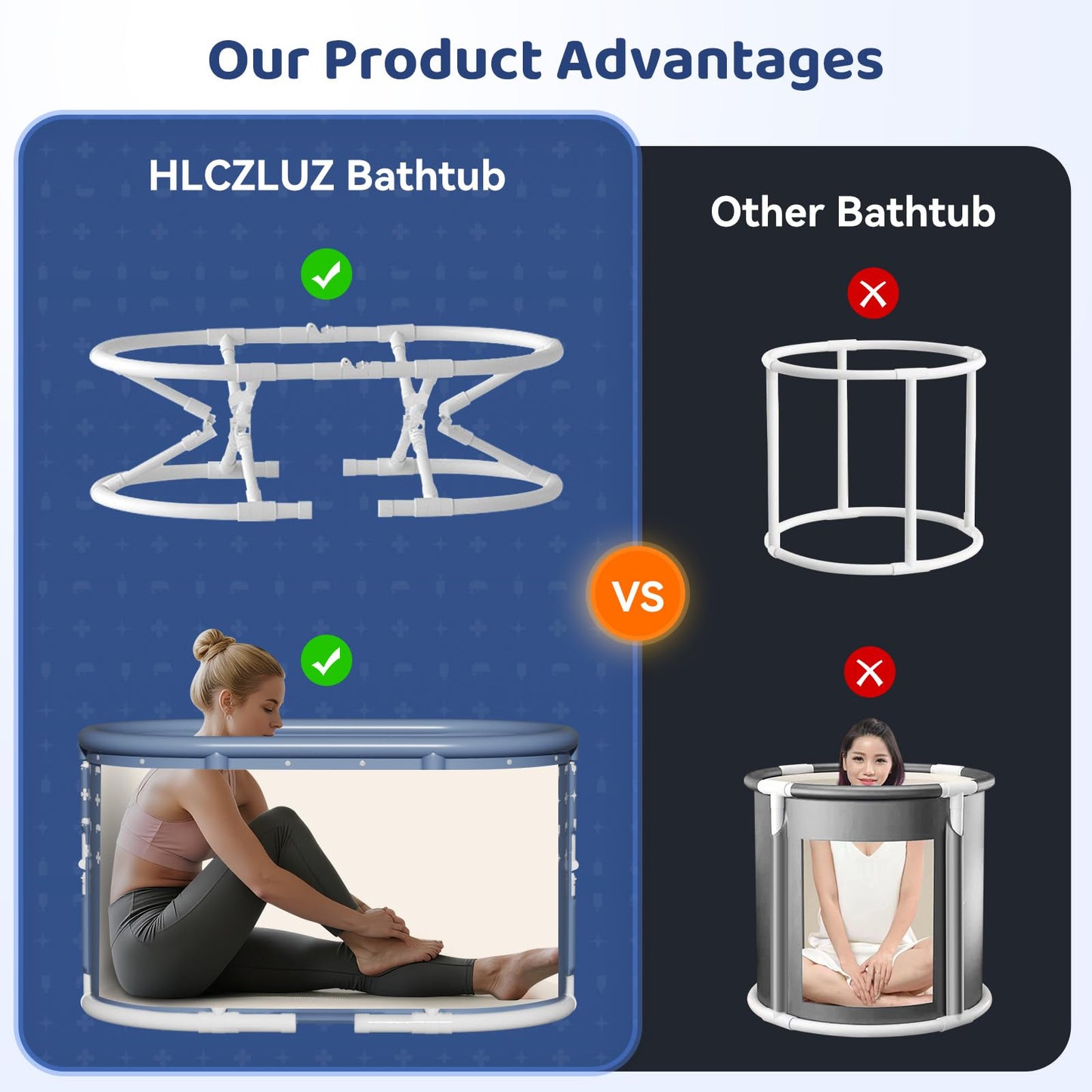 HLCZLUZ Portable Bathtub, Foldable Bathtub No Installation, Freestanding Shower Bathtubs with Cushion, Collapsible SPA Soaking Bath Tub, Hot & Ice Bath Tub for Indoor Outdoor (White Brown Stripes)