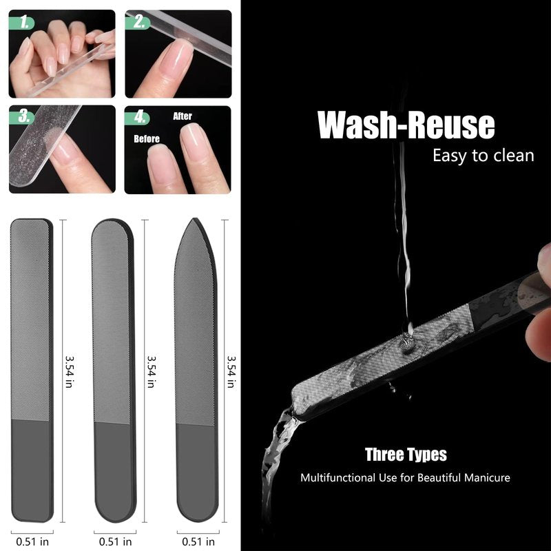 5Pcs Glass Nail File Polisher Set for Natural Nails, 2Pcs Crystal Glass Fingernail Files with Case 3Pcs Nano Glass Nail Shiner Double Sided Etched Nail Buffer for Nail Care Manicure Salon Travel Home