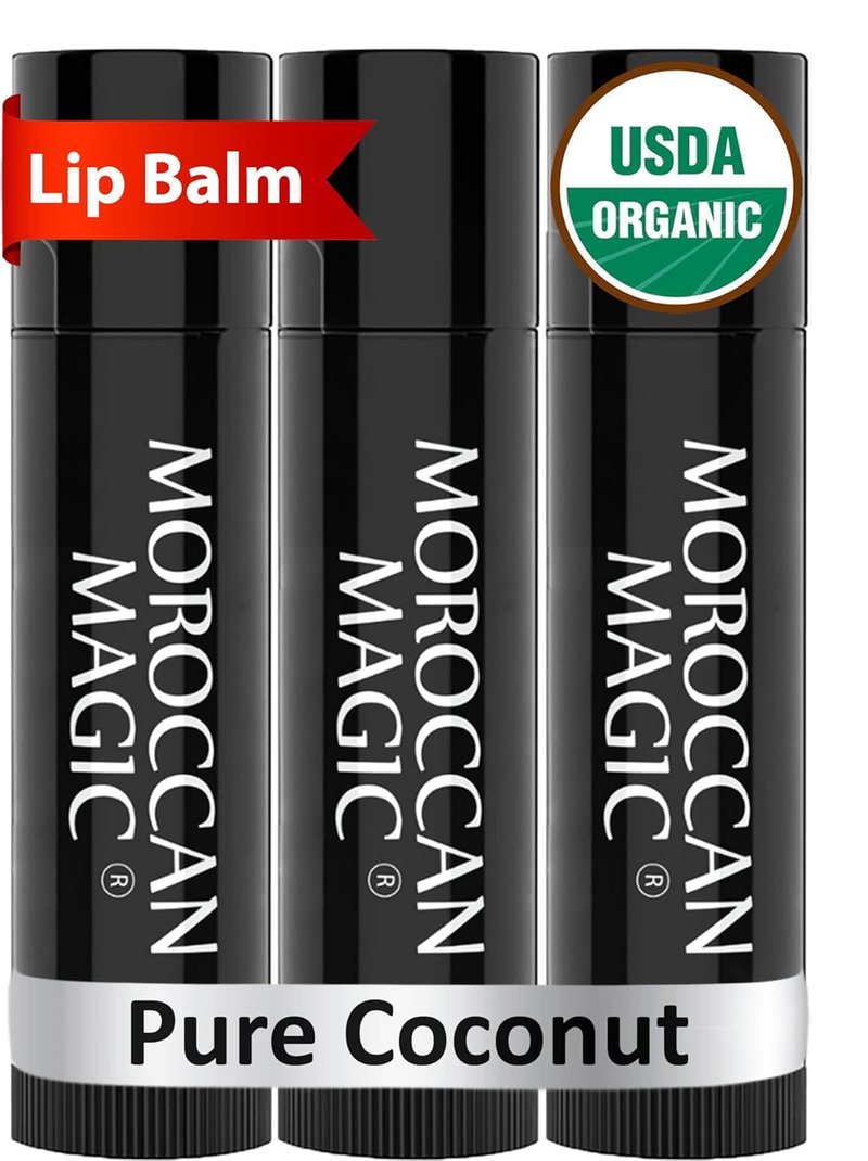 Moroccan Magic Organic Coconut Lip Balm 3-Pack - Ultra-Hydrating Argan Oil & Vitamin E Moisturizer | Natural, Non-Toxic Chapstick for Dry Lips
