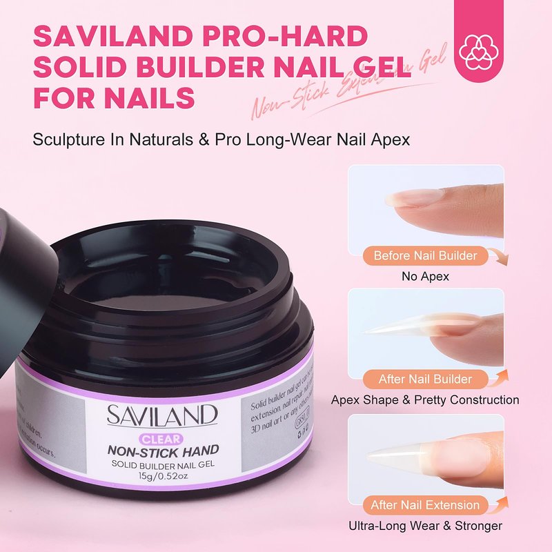 SAVILAND PRO-Hard Solid Builder Nail Gel for Nails: 2026 Ultra-Strength | Non-Sticky | Clear 3D Nail Gel with U V Lamp for 3D Nail Carving Emboss & Fast Extension Professional Use Salon