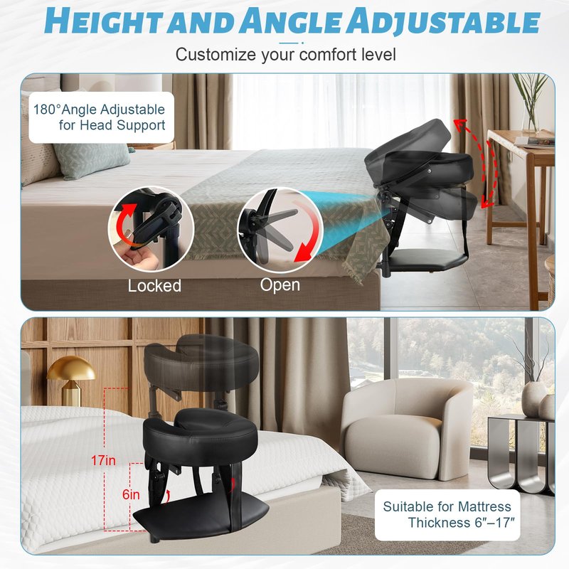HoMove Massage Headrest for Bed, Adjustable Massage Face Cradle at Home, Portable Bed Massage Head Holder, Massage Table Head Rest for Salon Spa, Face Down Pillow After Eye Surgery, Black with Armrest
