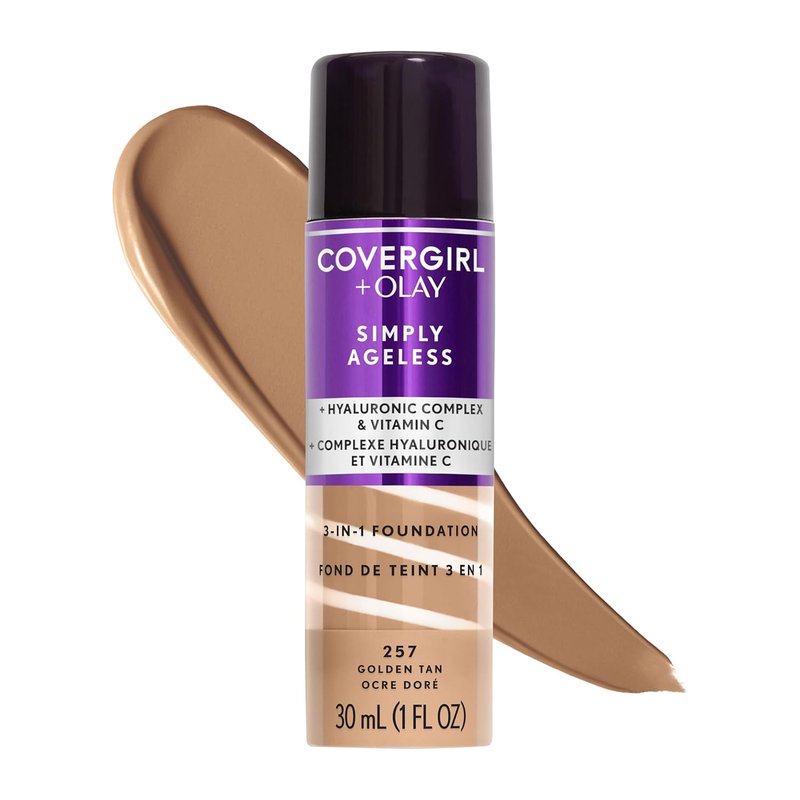 COVERGIRL & Olay Simply Ageless Liquid Foundation - Matte Finish with Hyaluronic Acid & Vitamin C | 257 Golden Tan, 1 Count