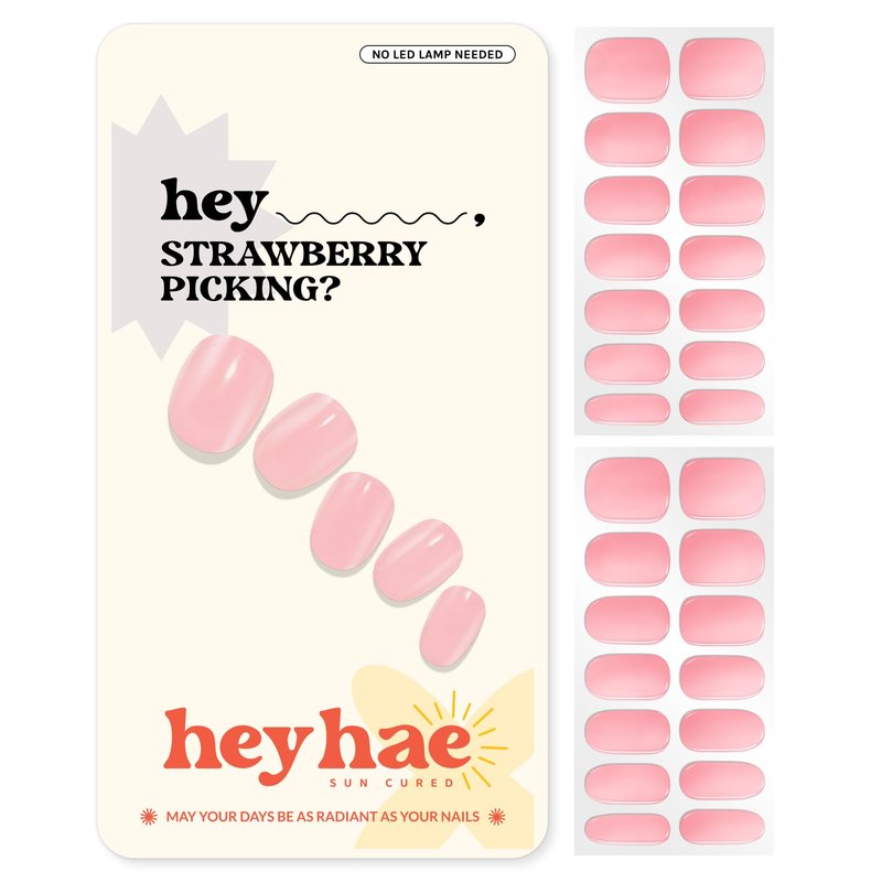 Heyhae Semi Cured Gel Nail Strips | No LED Lamp Needed | Solid, Pink, Spring | Easy Apply & Remove, Salon Quality | Includes 28 Strips, 1 Prep Pads, Nail File & Wooden stick - Hey, Strawberry Picking?