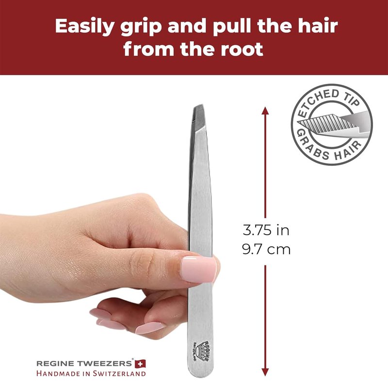Regine Switzerland Professional Tweezers Slant Tip - Etched Tip Brow and Eyebrow Tool for Men and Women - Precision Tweezers for Fine Hair, Chin, Lash Extensions - Stainless Steel Handmade Beauty Tool