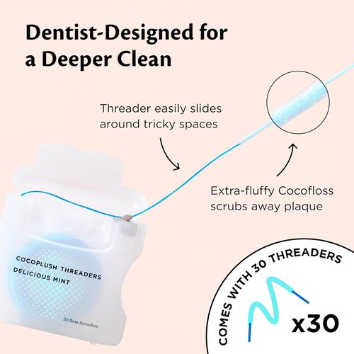 Cocofloss CocoPlush Threaders, Dental Floss for Implants, Bridges, and Braces, Mint, Waxed, Dentist-Designed Oral Care with Coconut Oil, 30 Per Pack
