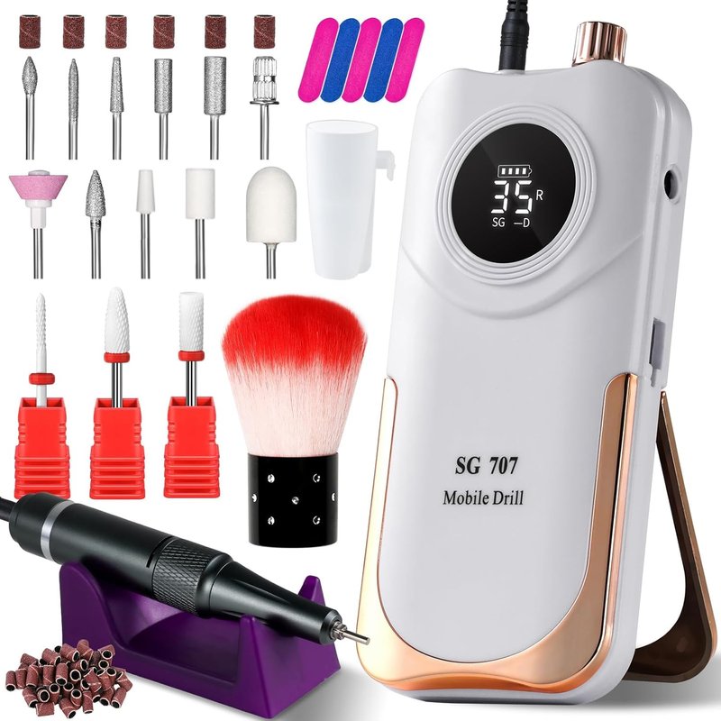 Professional Grade Electric Nail Drill Kit 35000RPM with 14PCS Bits White Portable Rechargeable Cordless File Machine for Acrylic Gel Powder Nails and Manicure Pedicure Toenail Tool Salon Set