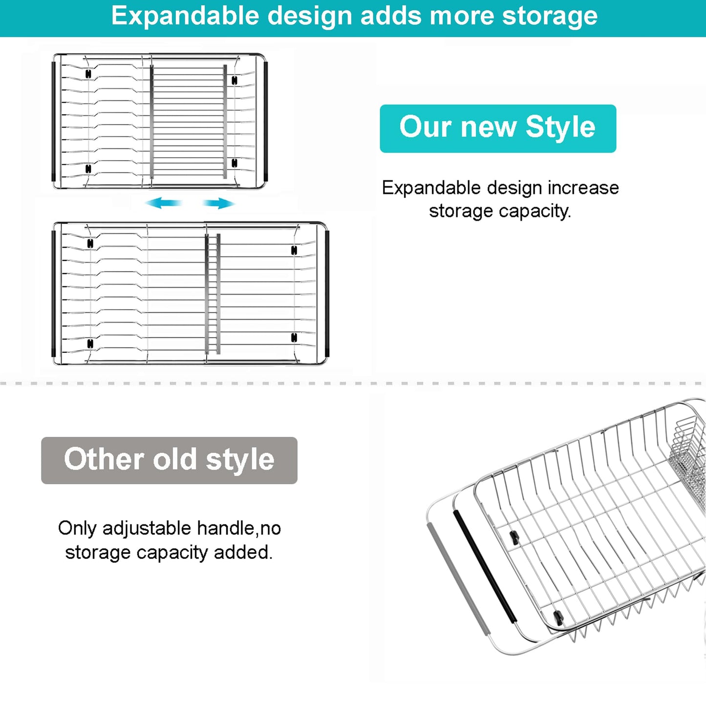 iPEGTOP Capacity Expandable Over Sink Dish Drying Rack, Multifunctional Adjustable (14"-18.5") Rustproof Stainless Steel Dish Drainer Organizer Shelf with Utensil Holder for Kitchen Counter Sink